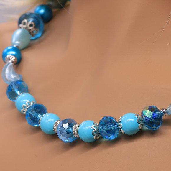 Necklace Turquoise Crystals Pearl Teardrops Bead Capping Hand Blown Glass Beads - Picture 3 of 3